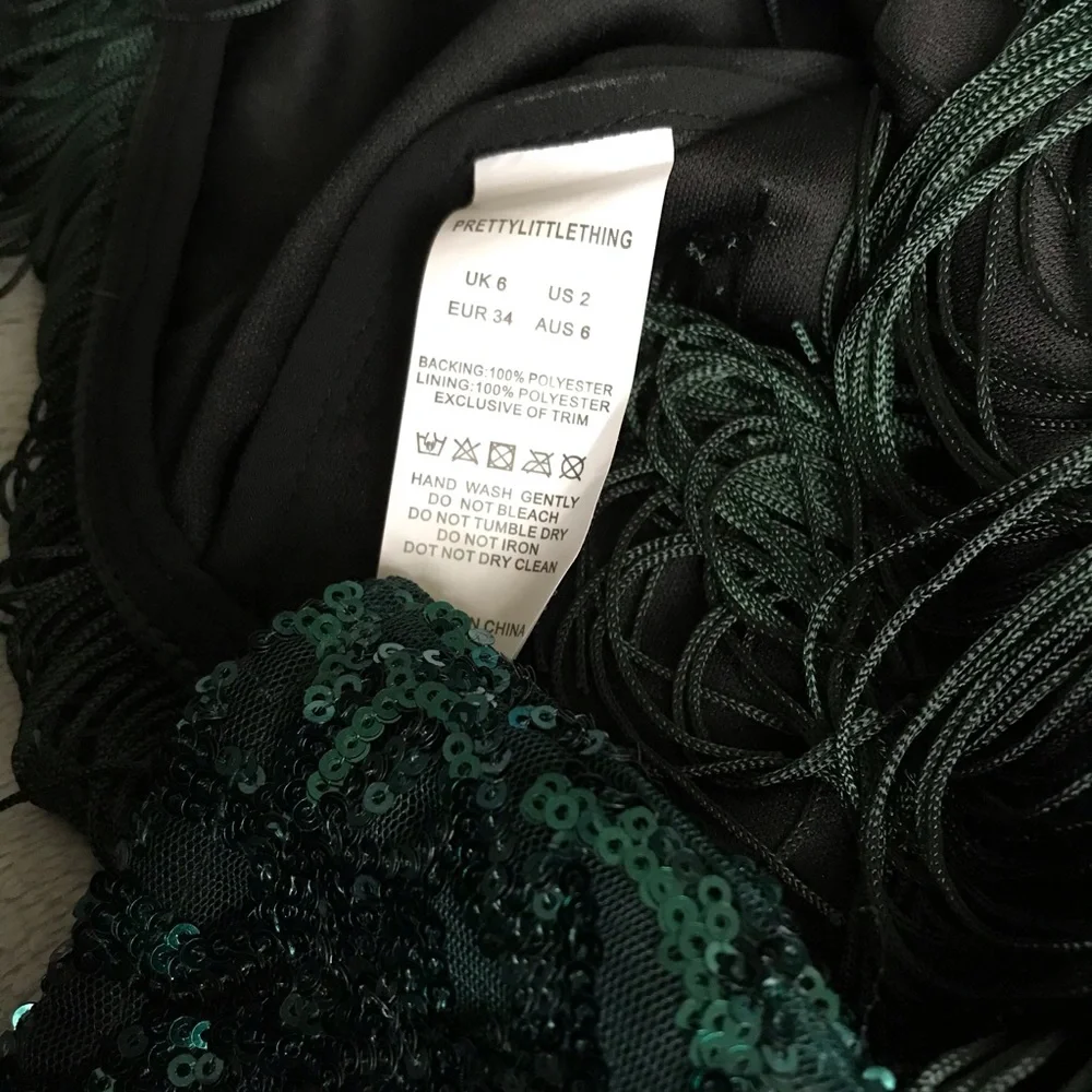 NWT PrettyLittleThing Emerald Green Sequin Fringe Tassel Bodycon Party Dress 2 - Picture 11 of 13